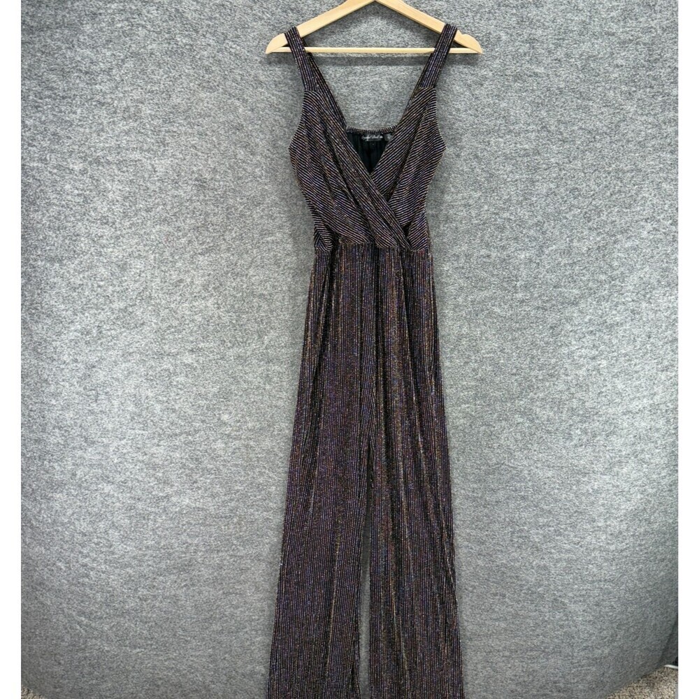 Crystal Doll Jumpsuit Women S Small Black Striped V-Neck Sleeveless Straight